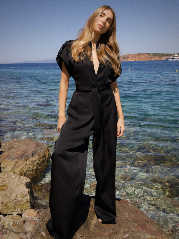 Dark Slate Gray Amalfi Silk Jumpsuit Black amalfi-linen-jumpsuit-black Jumpsuit S / Black,M / Black L.Cuppini