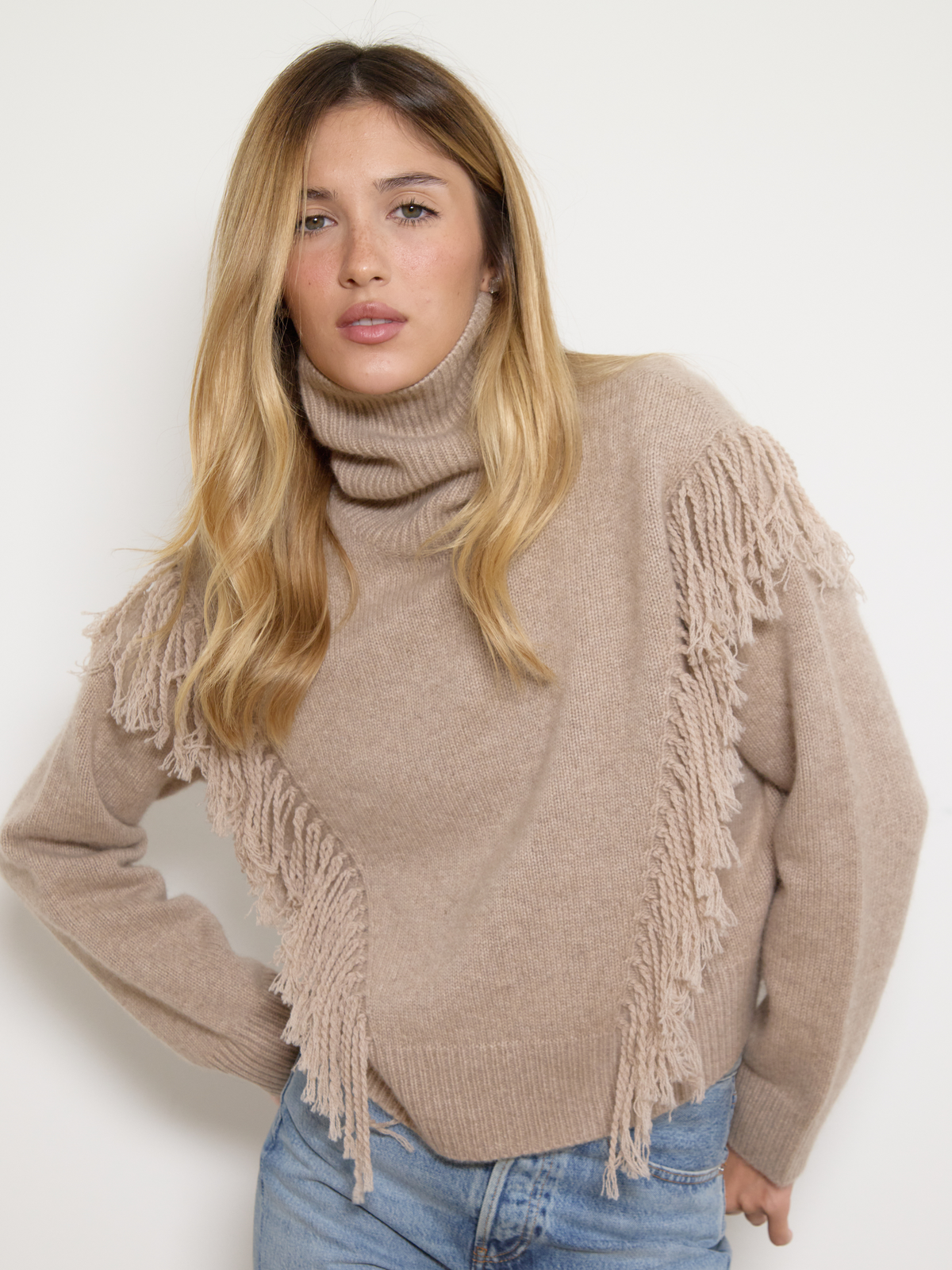 Maisie Cashmere Fringe Sweater Beige