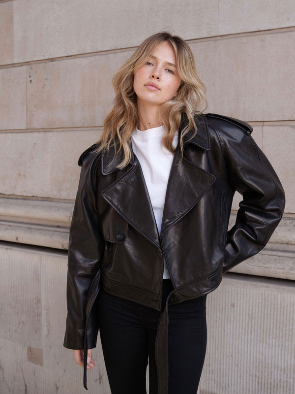 Rosy Brown Daria oversized leather jacket daria-leather-jacket-with-belt Petite/XS / Black,S / Black,M / Black,L / Black L.Cuppini