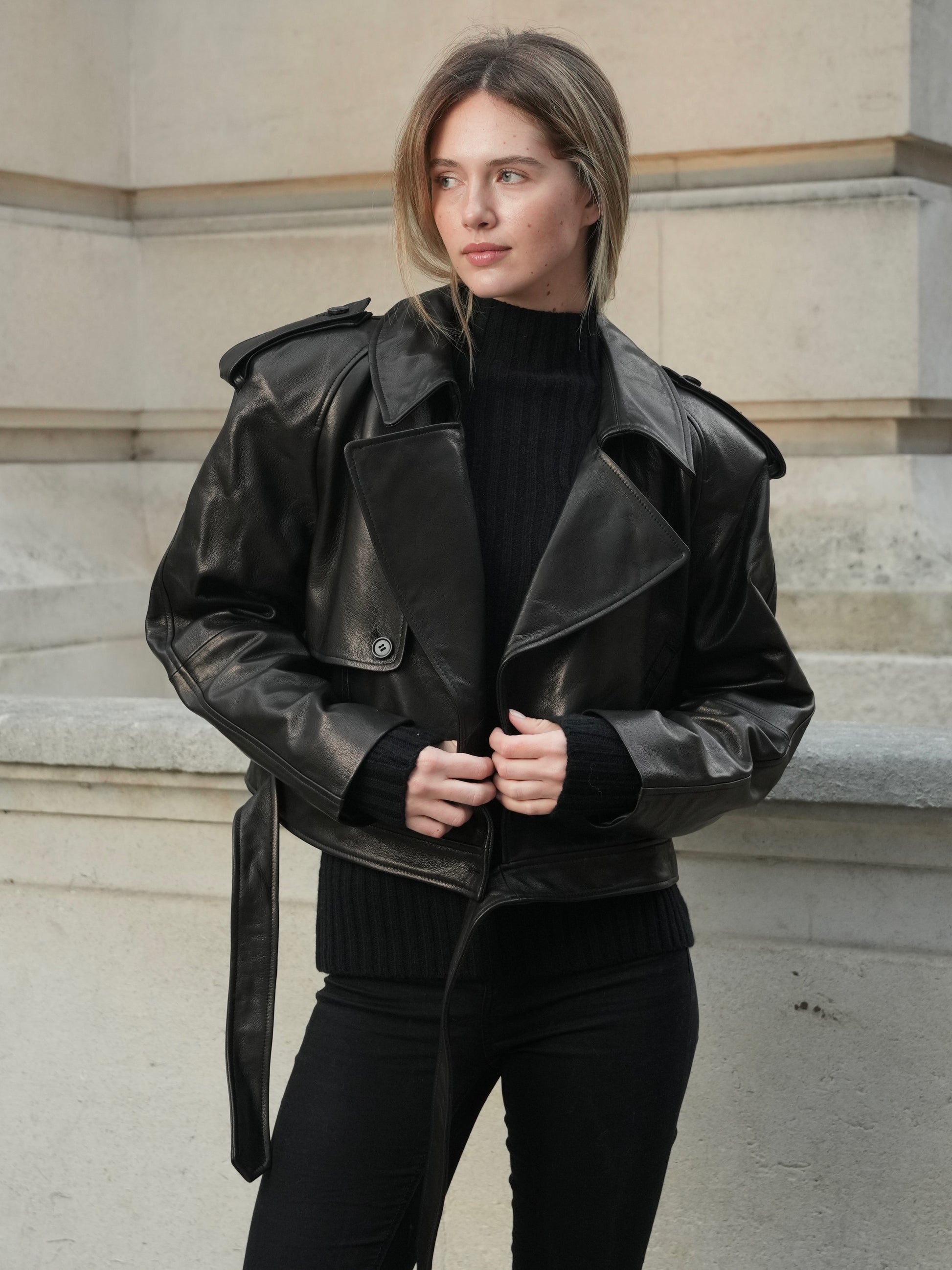 Dark Gray Daria oversized leather jacket daria-leather-jacket-with-belt XS,S,M,L L.Cuppini
