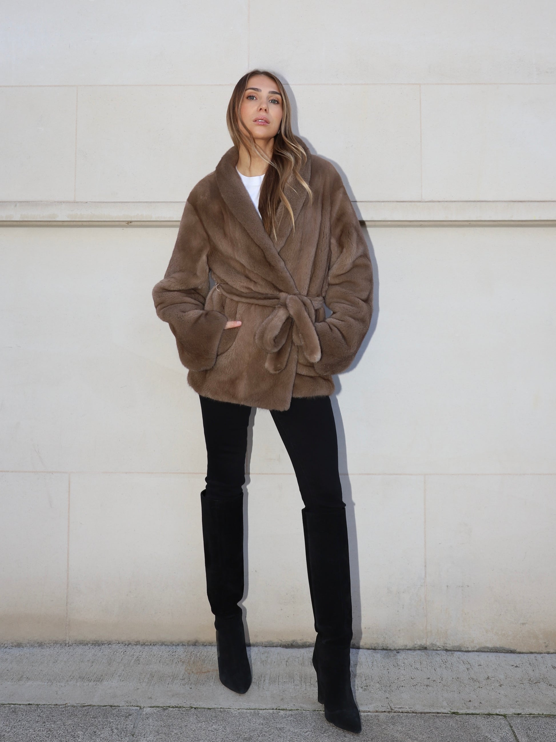 Gray Natalia Jacket Pastel Brown Belted natalia-jacket-pastel-brown-belted Coat XS,S,M,L,XL L.Cuppini