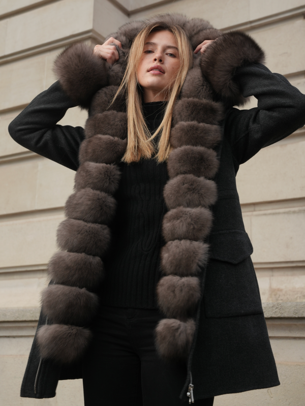 Grey overcoat black collar online