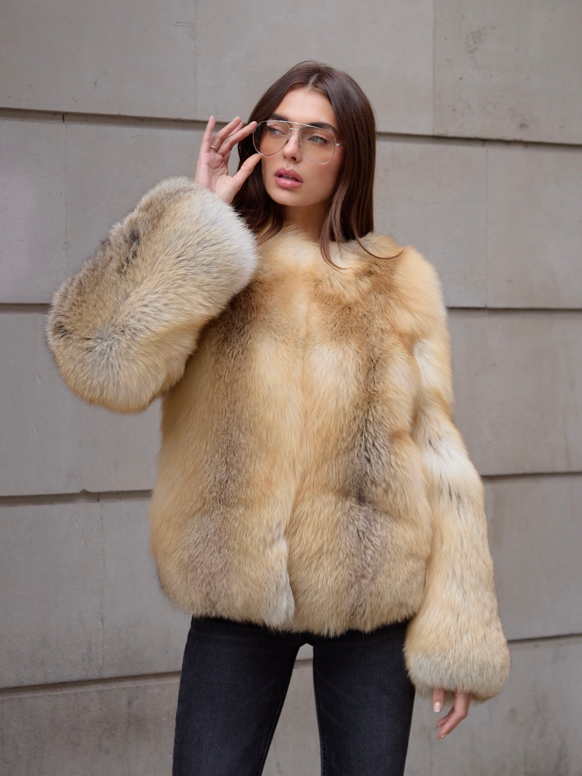 Anouska Golden Fox Fur Coat in natural golden island fox fur with oversized fit, front view