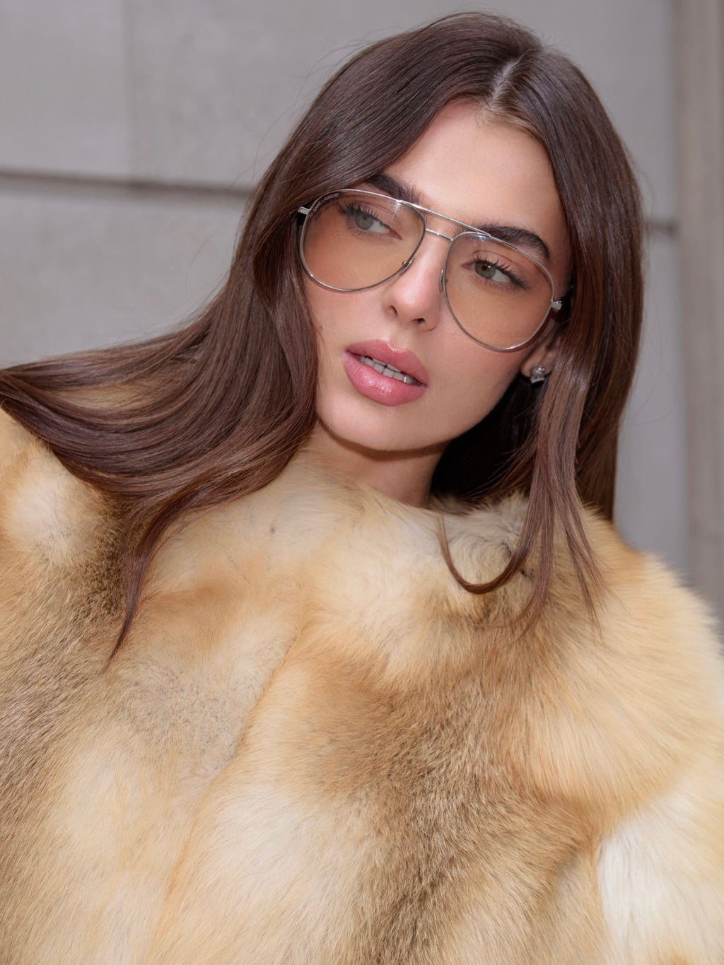 Close-up of Anouska Golden Fox Fur Coat showing natural golden island fox fur texture and soft collar detail.