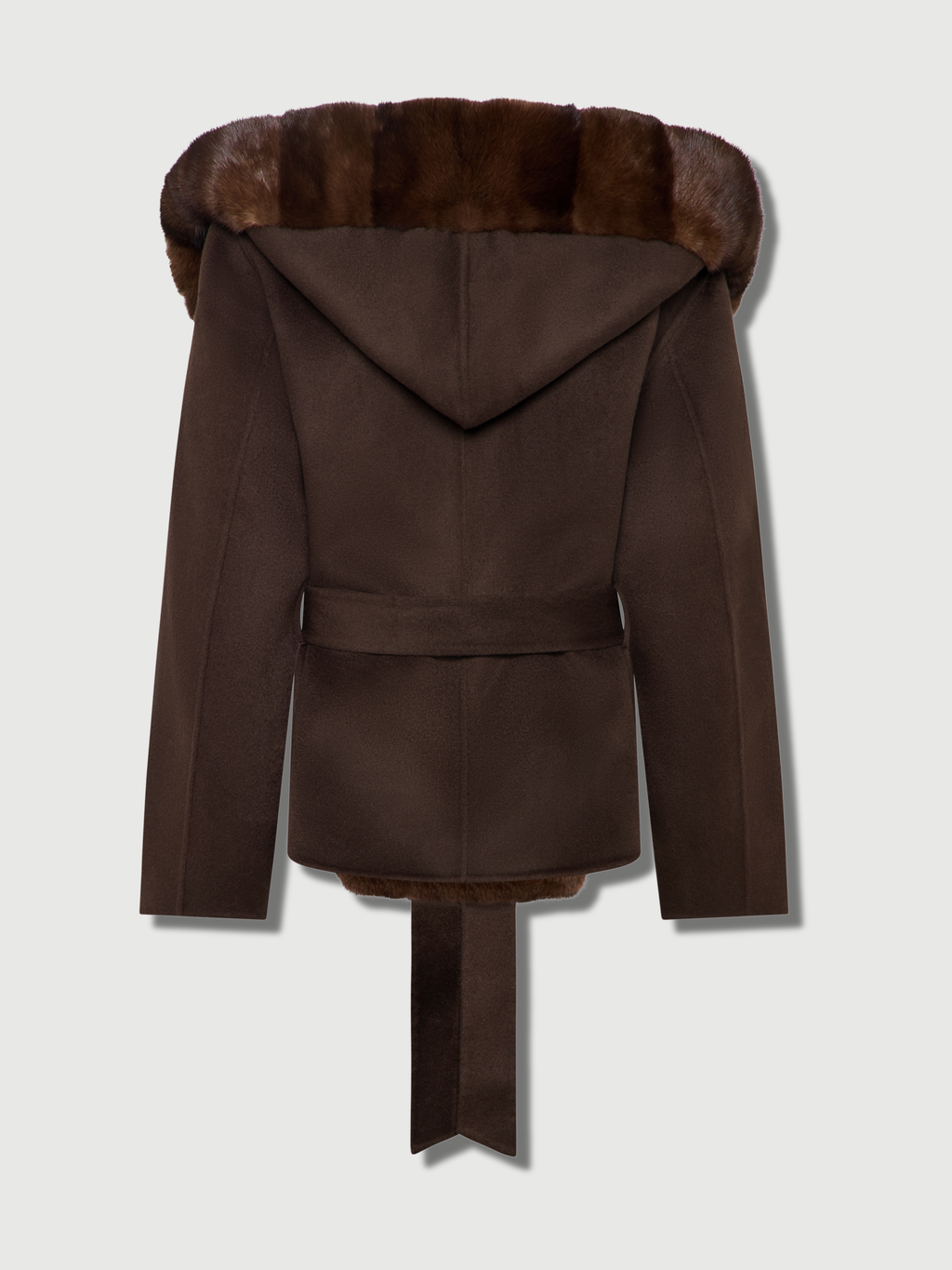 Product back view of The Ayla chocolate brown wool and silk coat with hood and waist belt