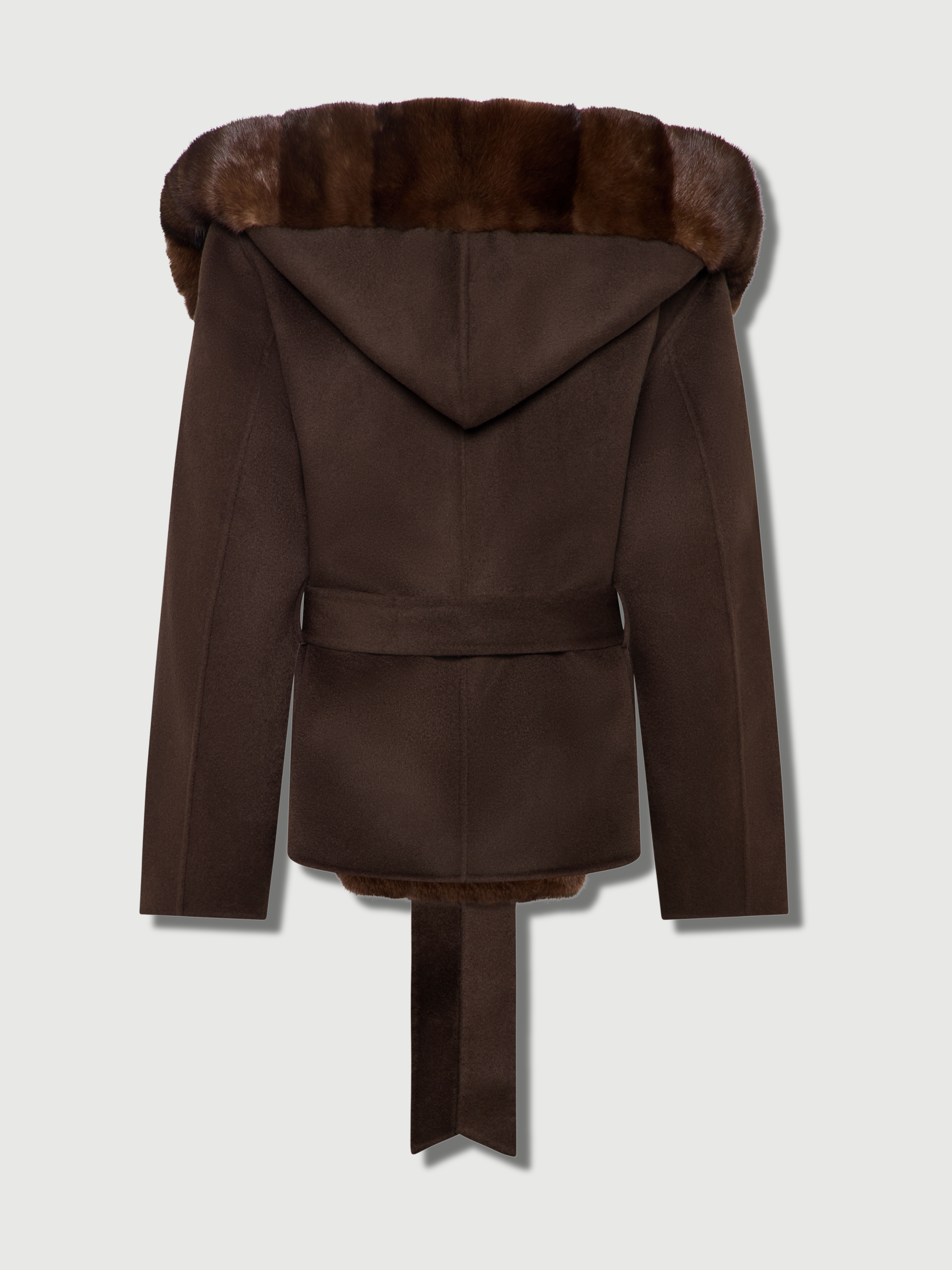 Product back view of The Ayla chocolate brown wool and silk coat with hood and waist belt