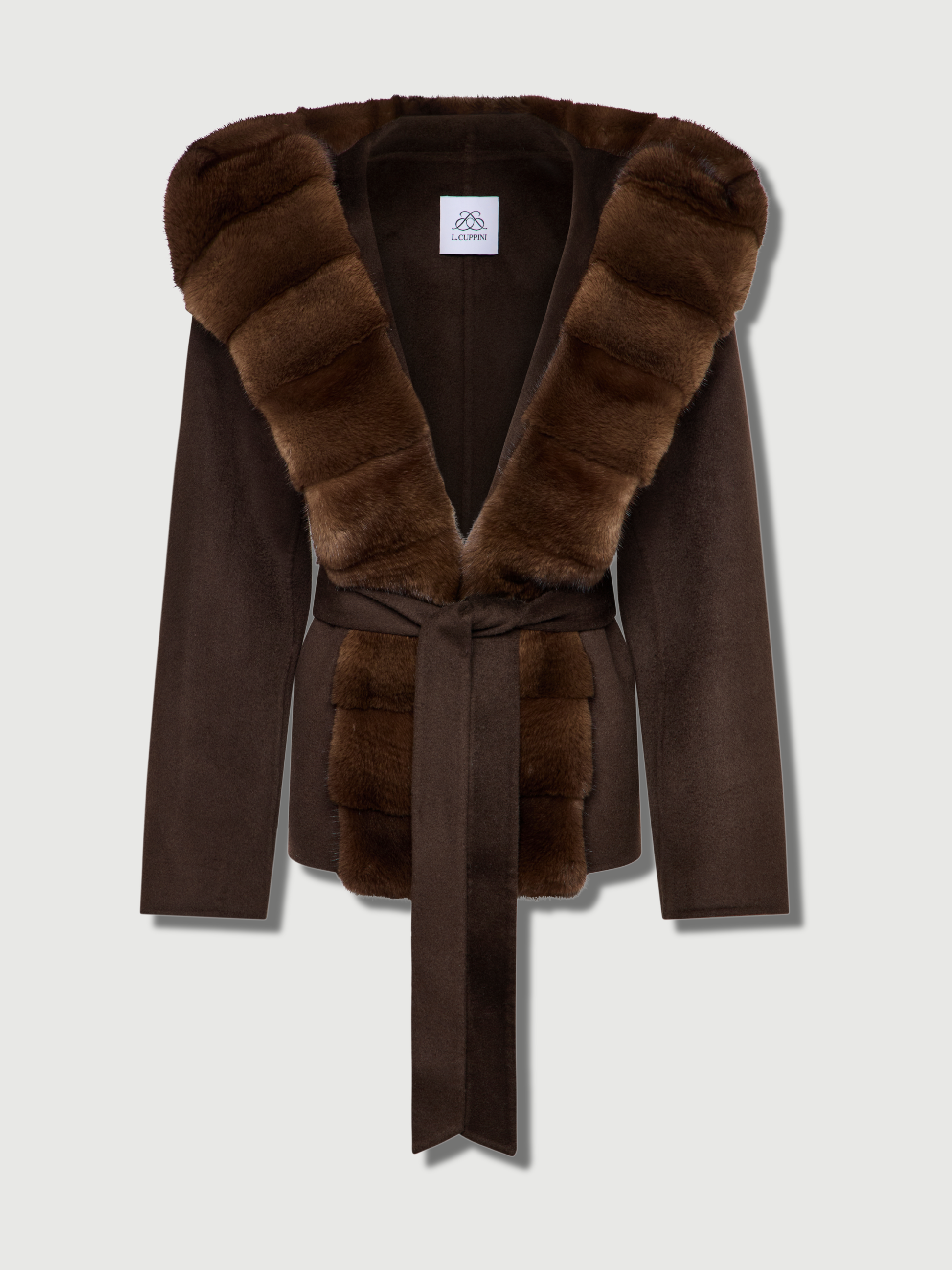 Product front view of The Ayla chocolate brown wool silk coat with mink fur collar and belt