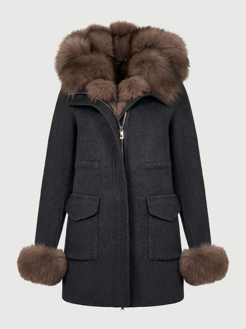 Product front view of the dark grey merino wool coat with fox fur hood, cuffs and removable lining