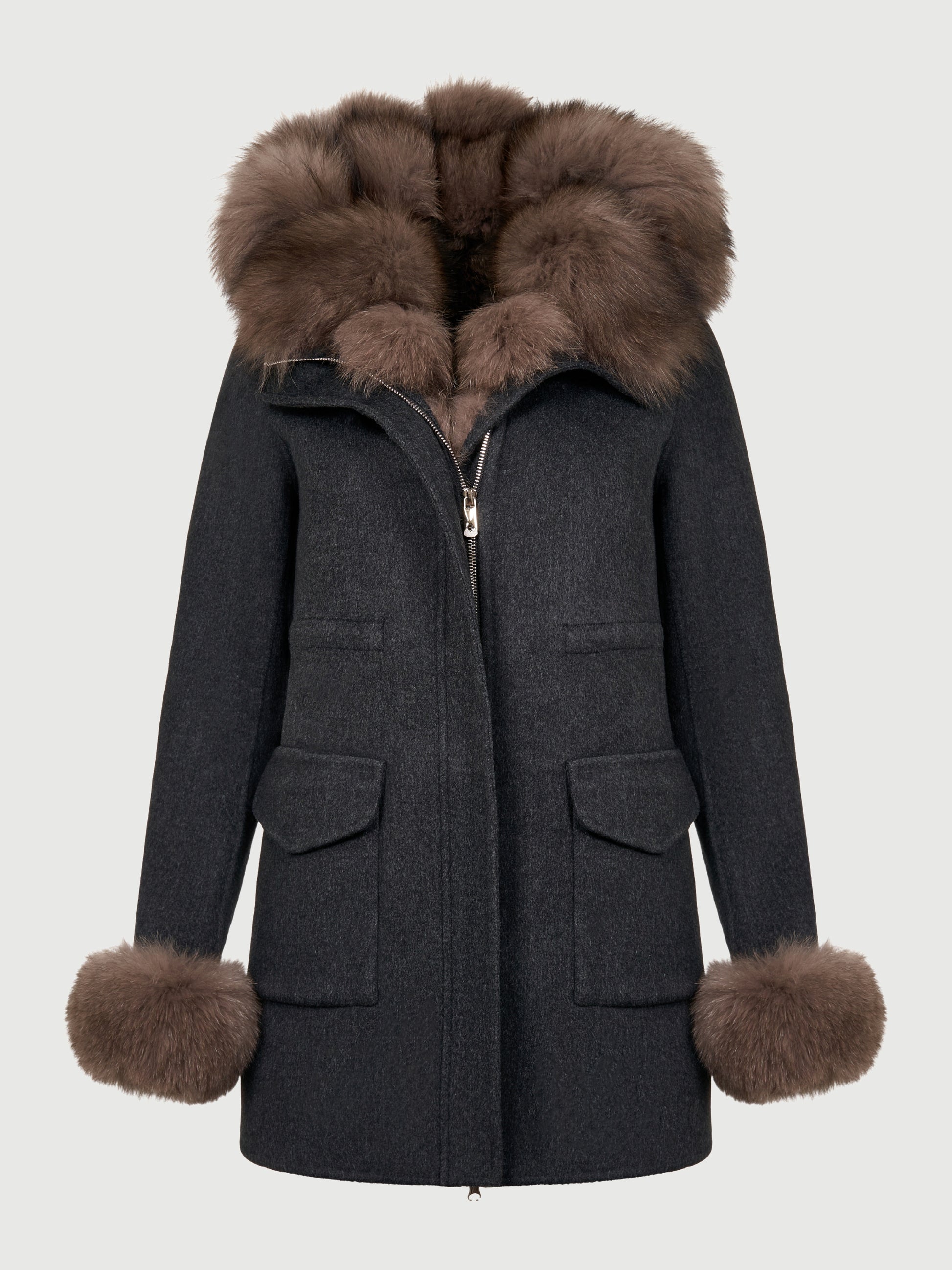Product front view of the dark grey merino wool coat with fox fur hood, cuffs and removable lining