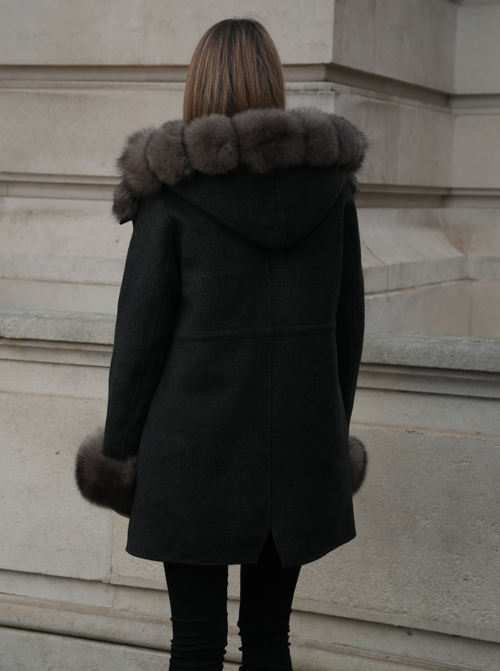 L.CUPPINI women’s winter coat in dark grey merino wool with removable fox fur lining