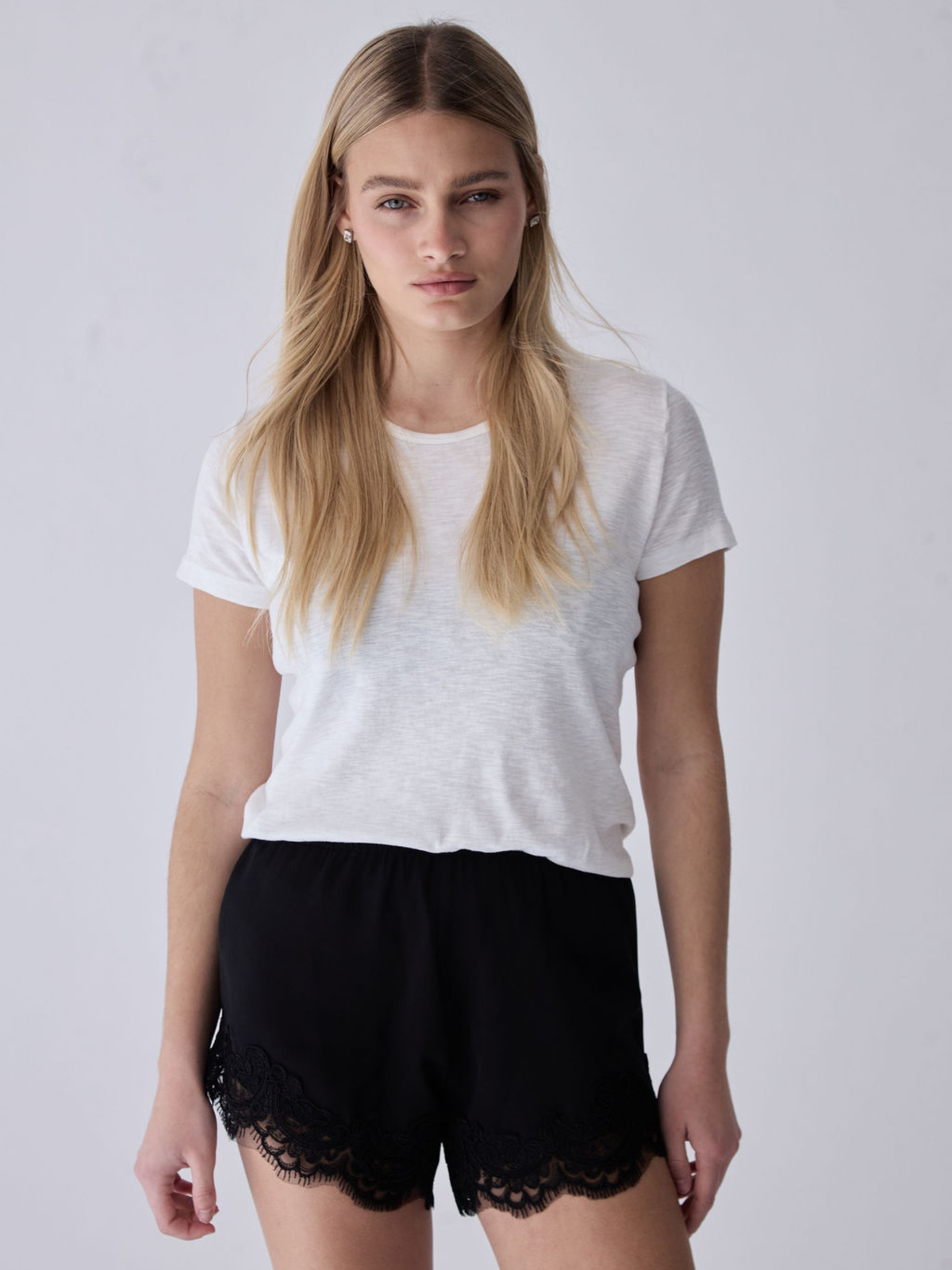 Luna Black Silk Shorts – 100% silk shorts with delicate lace hem detailing and elasticated waistband.