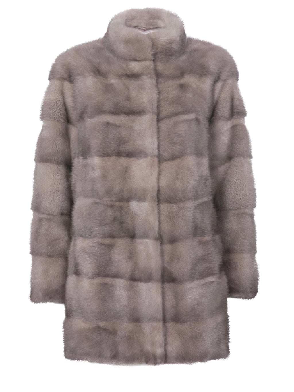 Back view of grey mink fur coat showing full length silhouette and horizontal fur panels