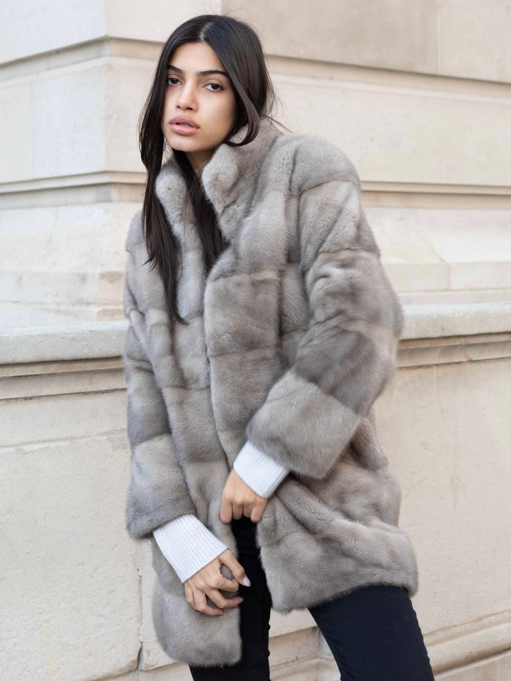Grey mink fur coat by L.CUPPINI, crafted from soft mink fur with an elegant relaxed silhouette