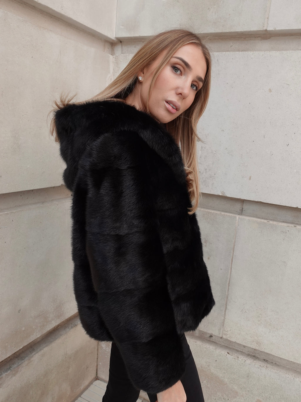 The Hooded Black Alexandra Mink Coat by L.CUPPINI, crafted from 100% pure female mink fur
