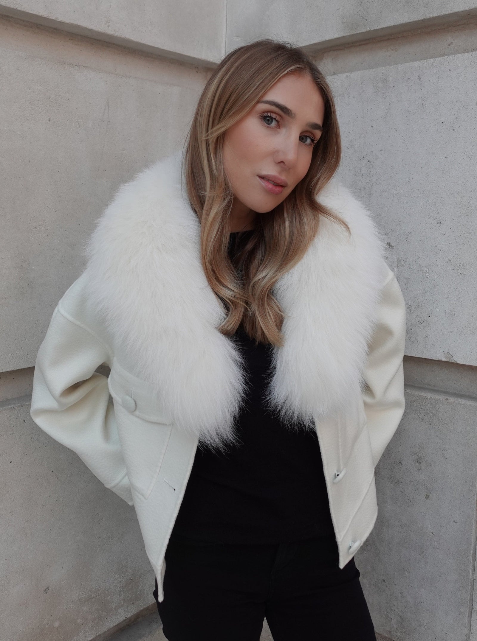 White leather on sale coat with fur collar